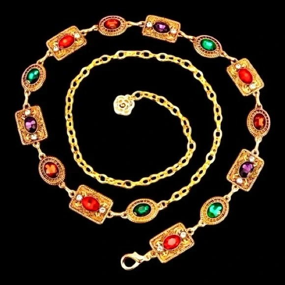 Multi-Color Gemstone Gold Tone Waist Chain Belt | Boho Bridal Festival Statement - Picture 3 of 5
